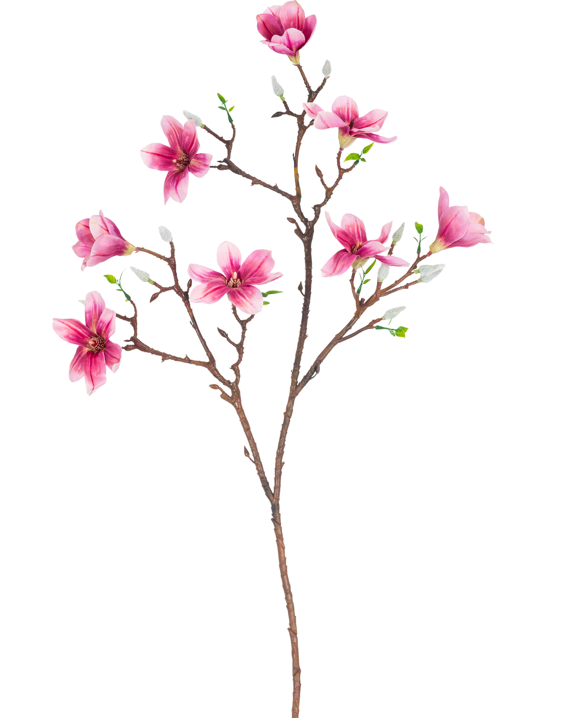 De Kunsttak Magnolia kleinbloemig 89 cm roze heeft een tak met verschillende bloeiende roze magnolia bloemen en groene bladeren, perfect voor decoratief gebruik.
