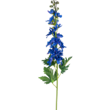 Een enkele stengel Kunstbloem Delphinium 79 cm blauw met blauwe bloemen en groen gedeeld blad, tegen een effen witte achtergrond.