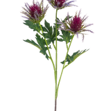 De Kunsttak Distel 67 cm paars heeft een enkele steel met drie stekelige, paarse distelachtige bloemen en grillige groene bladeren tegen een witte achtergrond.