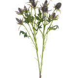 De Kunsttak Distel 68 cm blauw heeft een enkele steel met meerdere stekelige blauwe distelbloemen en gekartelde groene bladeren, geïsoleerd op een witte achtergrond.