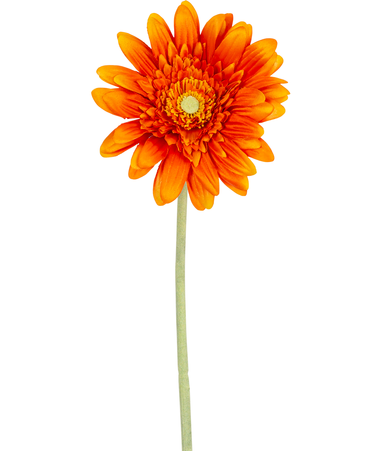 De Kunstbloem Gerbera 53 cm oranje heeft een levendige oranje gerbera met gelaagde bloemblaadjes en een geel hart, op een lange groene steel tegen een effen witte achtergrond.