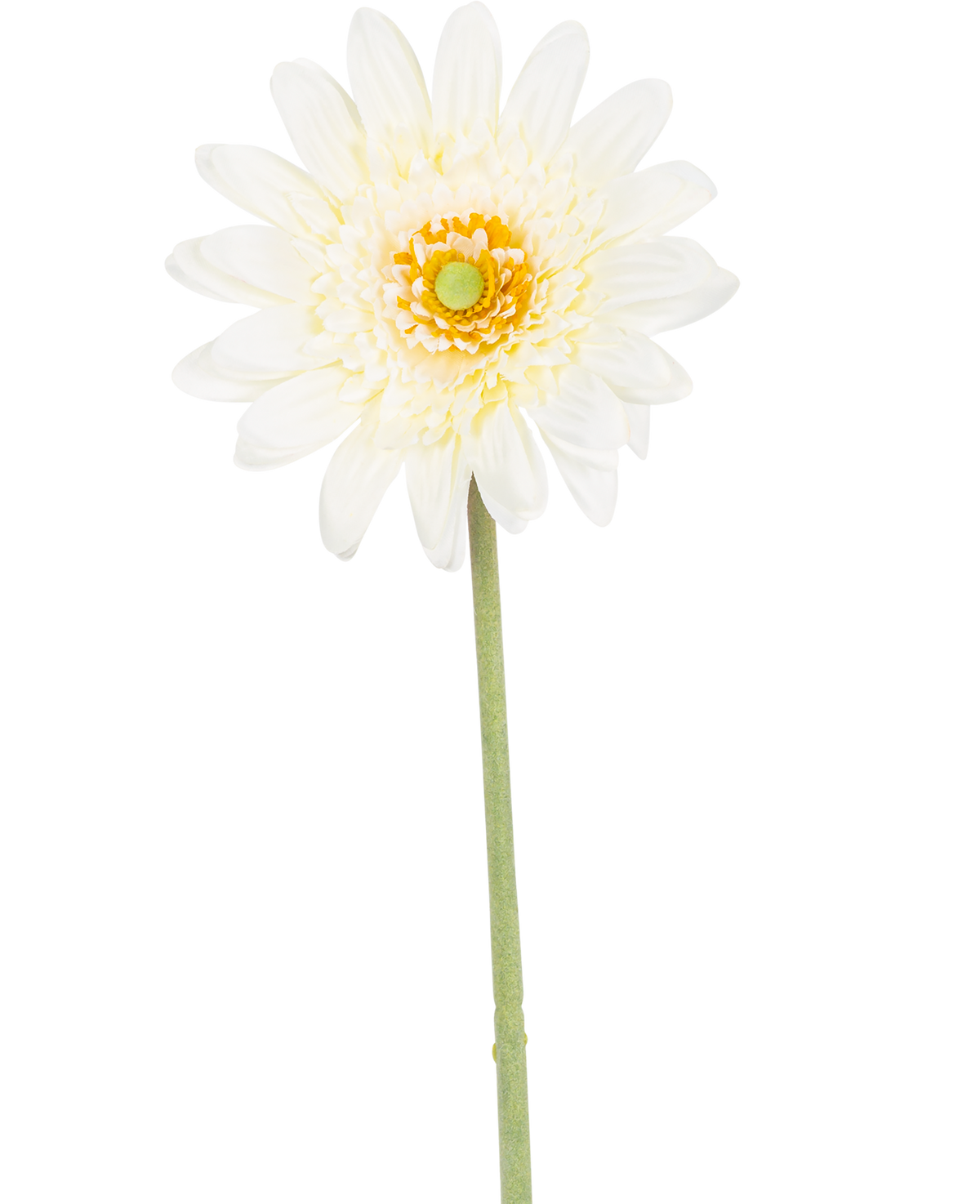 De Kunstbloem Gerbera 53 cm wit heeft een enkele witte, margrietachtige bloem met gelaagde bloemblaadjes, een geelgroen hart en een lange groene steel tegen een witte achtergrond.