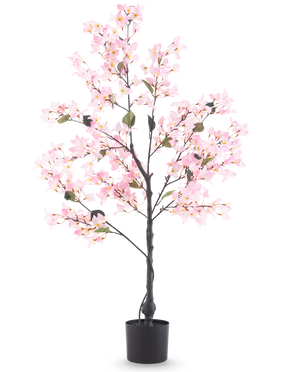 De Kunstplant Bougainvillea 120 cm roze is een kunstboom in pot met groene bladeren en levendige roze bloemen, afgebeeld tegen een effen witte achtergrond.