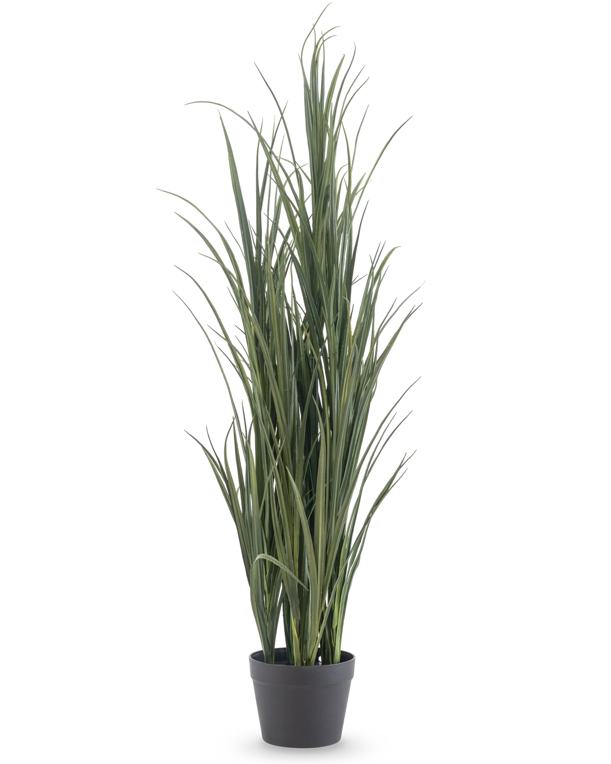 De Kunstgras Groen UV 120cm is een hoge kunstgrasplant met lange, slanke groene bladeren in een eenvoudige zwarte pot, tegen een effen witte achtergrond.