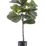 De Kunstplant Ficus Tabaksplant Deluxe 90 cm is een hoge kunstkamerplant met grote, glanzend groene bladeren in een zwarte pot, afgebeeld tegen een effen witte achtergrond.