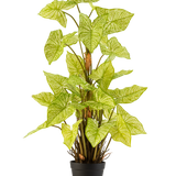 De Kunstplant Trapa Bispinosa 90 cm wit is een kunstplant in pot met levendige lichtgroene bladeren en opvallende bleke nerven, gerangschikt in een compacte zwarte pot en afgebeeld tegen een effen witte achtergrond.