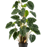 Een Kunstplant Anthurium 90 cm groen met weelderige, hartvormige groene bladeren en opvallende witte nerven, tegen een effen witte achtergrond.