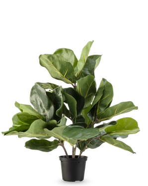 De Kunstplant Tabaksplant Fiddle Leaf 45 cm heeft grote, glanzende groene bladeren en stevige stelen in een eenvoudige zwarte plastic pot, tegen een effen witte achtergrond.