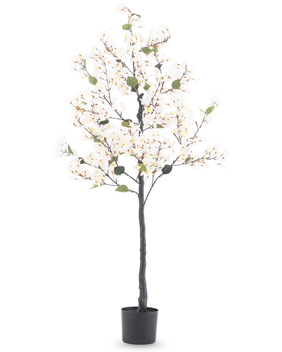 De Kunstplant Bougainvillea 150 cm wit is een hoge kunstboom met witte bloesemlichtjes en groene bladeren, in een zwarte cilindrische pot tegen een effen witte achtergrond.