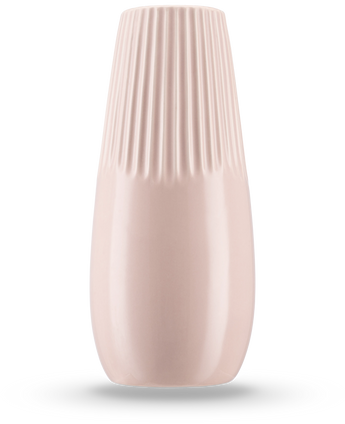 De Vaas Dew 25 cm roze is een vaas van lichtroze keramiek met een glanzende afwerking, verticale ribbels op de bovenste helft en een gladde onderkant - perfect om zijden bloemen in te zetten.