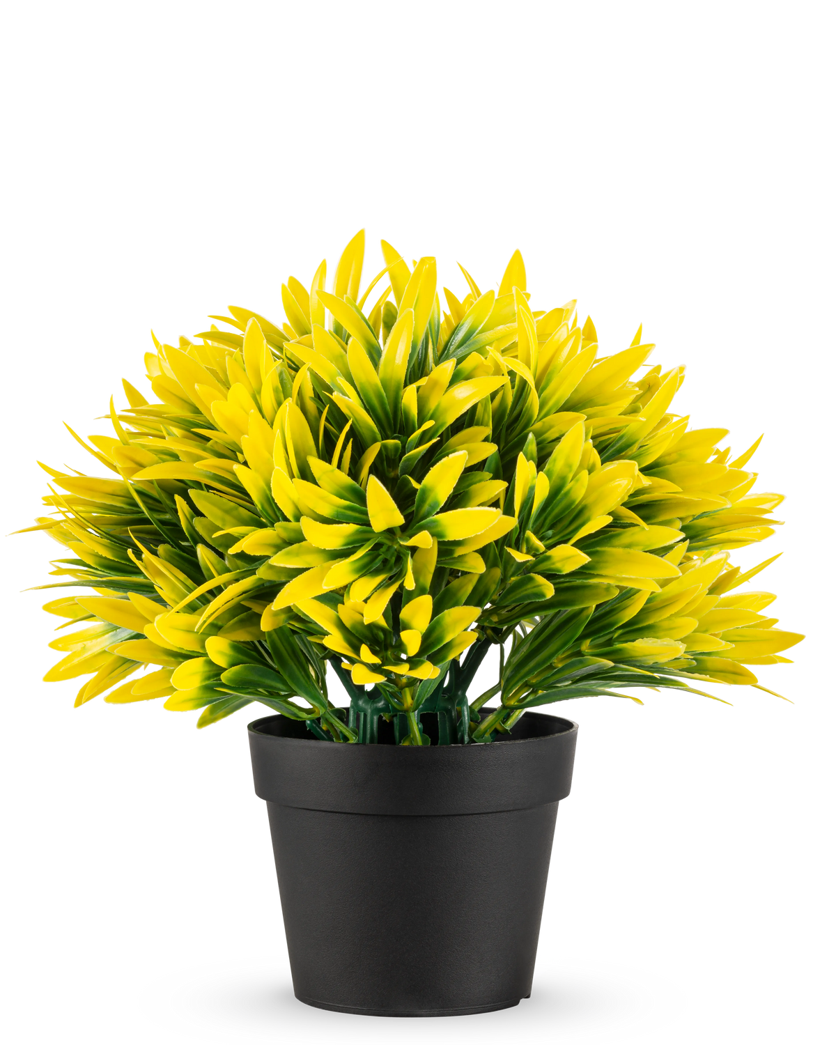 De Kunstplant Yellow sun in pot UV 22 cm heeft een zwarte bloempot met een dichte, kunstplant met puntige gele en groene bladeren, perfect om elke ruimte op te fleuren.