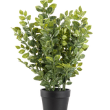 De Kunstplant Groen 35 cm is een realistische kunstplant in pot met weelderige groene bladeren in een eenvoudige zwarte pot, afgebeeld tegen een effen witte achtergrond.