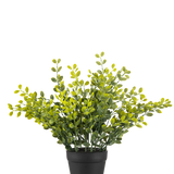 De Kunstplant Theebladeren 25 cm is een klein groen bladplantje met gele bladeren in een eenvoudige zwarte pot, op een effen witte achtergrond.