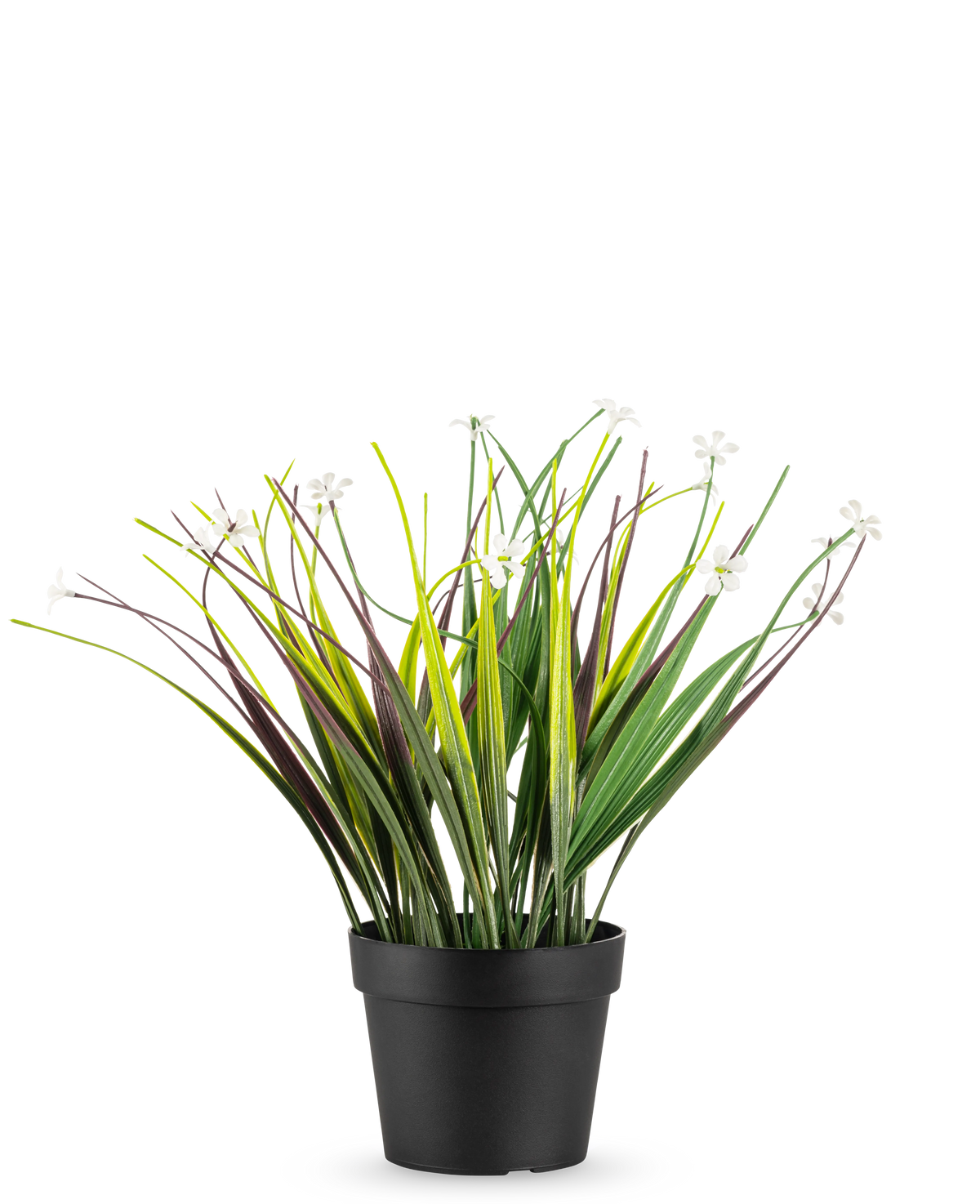 De Kunstplant Grasplant in pot UV 26 cm heeft lange groene en paarse bladeren met kleine witte bloemen, gerangschikt in een eenvoudige zwarte pot en weergegeven tegen een witte achtergrond.