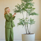 Een vrouw in een groen pak staat binnen en glimlacht terwijl ze zachtjes de bladeren van de Kunstplant Ruscus 180 cm aanraakt. Een effen, lichtgekleurde muur dient als achtergrond en creëert een kalme en natuurlijke sfeer.