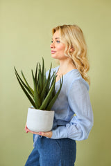 Een vrouw met lang blond haar in een lichtblauwe blouse en blauwe broek houdt de Kunstplant Aloë Vera 43 cm in een pot tegen een effen lichtgroene achtergrond.