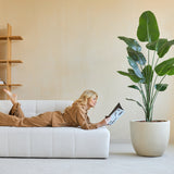 Een vrouw in bruine loungekleding leest een tijdschrift op een witte bank. Achter haar brengt de Kunstplant Strelitzia 180 cm real touch weelderig groen in het moderne, minimalistische decor.