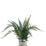 De Kunstplant Varen 51 cm is een kunstvaren met lange, groene, vederachtige bladeren in een eenvoudige ronde pot van lichtgekleurd keramiek, tegen een effen witte achtergrond.