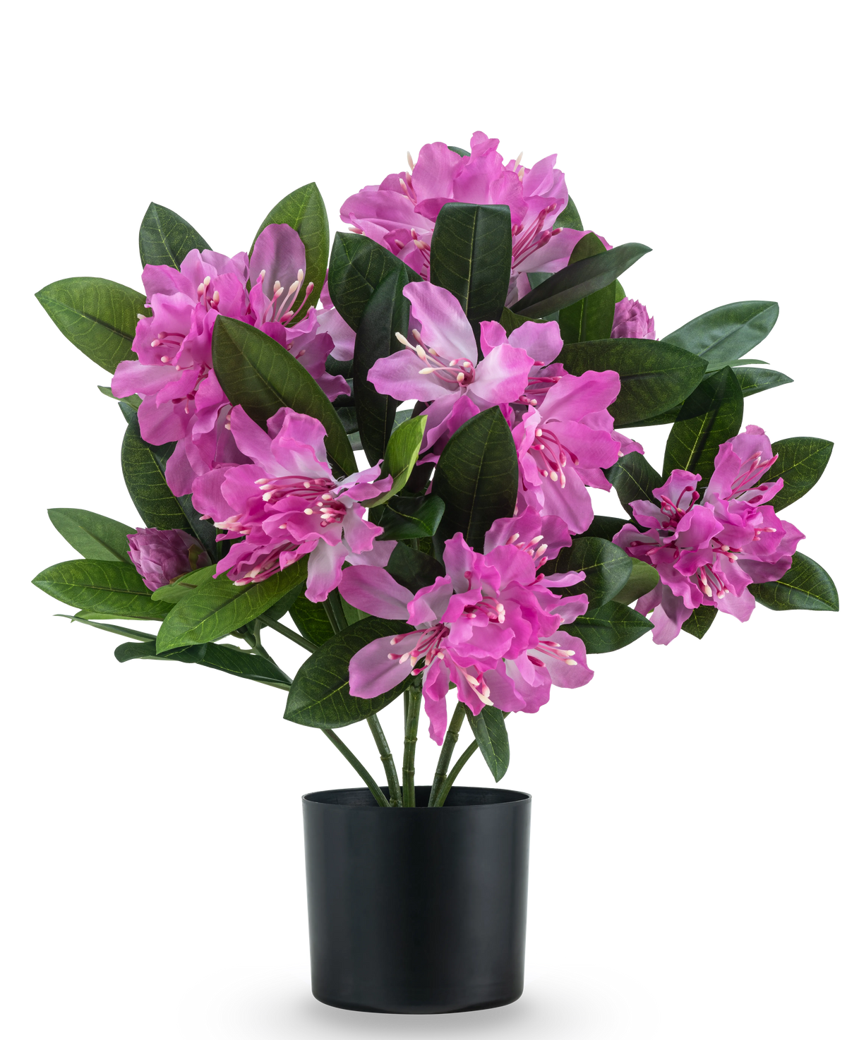 De Kunstplant Rhododendron 42 cm heeft een kunstplant met levendige roze bloemen en weelderige groene bladeren in een zwarte pot, tegen een effen witte achtergrond.