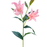 De Kunstbloem Lelie Real Touch roze 95 cm heeft een enkele groene steel met twee bloeiende roze lelies en een gesloten knop, omringd door lange, puntige groene bladeren, tegen een witte achtergrond.