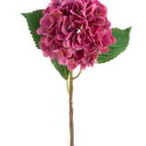 Een purperrode Kunstbloem Hortensia Real Touch bloem met groen blad, 58 cm hoog.
