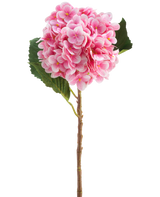 De Kunstbloem Hortensia Real Touch roze 58 cm is een enkele roze kunsthortensiastengel met groene bladeren, met een ronde bloei van vele kleine bloemblaadjes, prachtig gedetailleerd en geïsoleerd op een witte achtergrond.