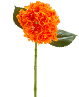 De Kunstbloem Charlotte Hortensia Real Touch oranje 55 cm heeft een levendige oranje hortensiabloem met bloemblaadjes, een groene steel en twee grote groene bladeren tegen een witte achtergrond.