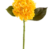 De Kunstbloem Charlotte Hortensia Real Touch in geel, 55 cm, is een enkele kunsthortensiabloem met groene bladeren en een lange steel, tegen een witte achtergrond.