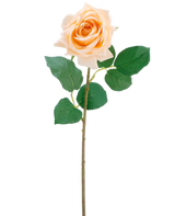 De Kunstbloem Crystal touch vochtinbrengende roos Real Touch in champagne is een enkele kunstroos met groene bladeren op een 43 cm lange, slanke steel, afgebeeld tegen een effen witte achtergrond.