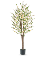 De Kunstplant Kersenbloesem 180 cm crème heeft meerdere bruine stammen, groene bladeren en veel kleine witte bloesems in een zwarte pot, tegen een effen witte achtergrond.