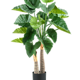 De Kunstplant Alocasia 120 cm heeft grote, glanzend groene bladeren en twee dikke, gestructureerde stelen in een eenvoudige zwarte pot, tegen een witte achtergrond.