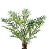 De Kunstplant Areca 150 cm heeft lange, slanke groene bladeren en bruine stelen in een eenvoudige zwarte pot, tegen een effen witte achtergrond.
