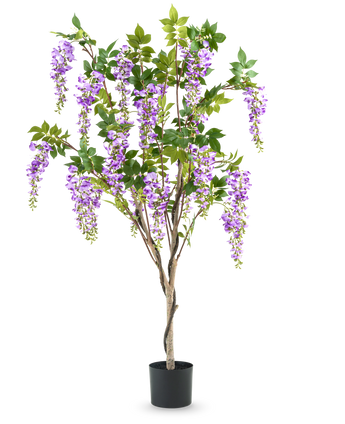 De Kunstplant Blauweregen 150 cm is een kunst blauwe regen in pot met groene bladeren en paarse bloemen, tegen een effen witte achtergrond.