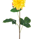 De Kunstbloem Dahlia Real Touch Geel 73 cm is een enkele gele dahlia met ronde bloemblaadjes en rode accenten, met een lange groene steel en een aantal grote groene bladeren, tegen een witte achtergrond.