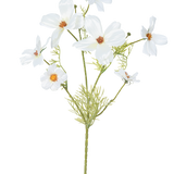 De Kunstbloem Cosmos 74 cm wit heeft verschillende delicate witte bloemen met een geel en oranje hart en vederlichte groene bladeren - ideaal als zijde bloemen voor blijvende elegantie.