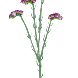 De Kunsttak Statice 64 cm donkerpaars heeft drie slanke groene stelen met meerdere takken, elk bedekt met een aantal kleine, ruche donkerpaarse bloemen, allemaal tegen een witte achtergrond.