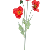 De Kunstbloem Poppy Real Touch rood 60 cm heeft een enkele steel met drie levendige rode papaverbloemen, een gesloten knop en groene bladeren, tegen een effen witte achtergrond.