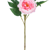 De Kunstpioen Real Touch Roze 58cm is een kunstroze pioenroos met gelaagde bloemblaadjes, een geel hart, groene bladeren en een lange bruine steel, afgebeeld tegen een effen witte achtergrond.