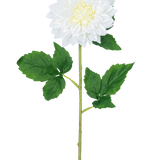 De Kunstbloem Dahlia Real Touch wit 54 cm heeft een enkele witte dahlia steel met een geel hart en groene bladeren, tegen een effen witte achtergrond.