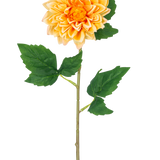 De Kunstbloem Dahlia Real Touch geel 54 cm heeft een levensechte gele dahlia met gelaagde bloemblaadjes en groene bladeren op een lange steel, geïsoleerd op een witte achtergrond.