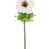 De Kunstbloem Anemoon Real Touch Roze 52 cm heeft een enkele lichtroze bloem met fijne bloemblaadjes, een donker hart, groene bladeren en een lange steel, tegen een witte achtergrond.