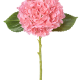 De Kunstbloem Charlotte hortensia Real Touch Roze 49 cm heeft een enkele roze hortensia met dichte, ronde trossen bloemblaadjes, twee groene bladeren en een lange groene steel op een witte achtergrond.