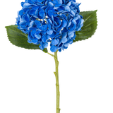 De Kunstbloem Charlotte hortensia Real Touch Blauw 49 cm is een enkele blauwe hortensia met groene bladeren en een lange steel, afgebeeld tegen een witte achtergrond.