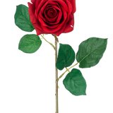De Kunstroos "Emine" Real Touch Rood 43cm heeft een enkele rode roos met levendige groene bladeren op een lange steel, tegen een effen witte achtergrond.