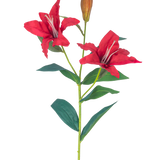 De Kunstbloem Lelie Real Touch rood 95 cm heeft een steel met twee open rode leliebloemen, een gesloten knop en verschillende groene bladeren, allemaal tegen een witte achtergrond.