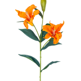 De Kunstbloem Lelie Real Touch oranje 95 cm heeft een enkele steel met twee open oranje lelies, een gesloten knop bovenaan en lange, smalle groene bladeren, alles tegen een witte achtergrond.