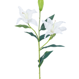 De Kunstbloem Lelie Real Touch wit 95 cm heeft een enkele groene steel met twee open witte leliebloemen, donkergroene bladeren en een gesloten knop, tegen een effen witte achtergrond.