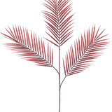 De Kunsttak Varen 100 cm rood heeft vijf lange, smalle rode palmbladeren die zich verspreiden vanaf een enkele steel, tegen een effen witte achtergrond.