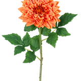 Een enkele Kunst Georgine Real Touch oranje 70cm steel heeft gelaagde oranje dahlia bloemblaadjes en groene bladeren, tegen een witte achtergrond.