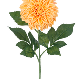 Een enkele Kunstbloem Dahlia Real Touch Perzik, 72 cm hoog, heeft meerdere groene bladeren en een grote, volle perzikkleurige bloem tegen een effen witte achtergrond.